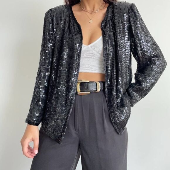 Vintage Stenay 100% silk black sequin jacket size small - Picture 9 of 10